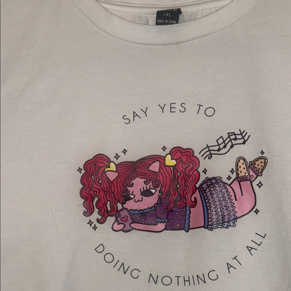H&M White Graphic Crop Tee with Pink & Purple Cartoon